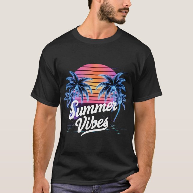 Summer Vibes Synthwave T-Shirt - Neon Palm Tree (Frente)