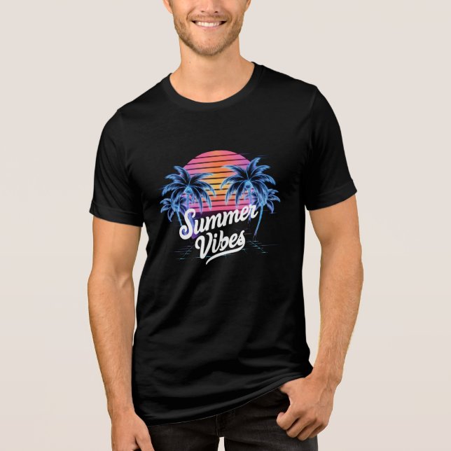 Summer Vibes Synthwave T-Shirt - Neon Palm Tree (Frente)