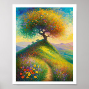 Summer Wildflower Hill Tree 8x10 Art Impressão