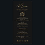 Sun Celestial e Menu Lua Preto e Versão Dourada<br><div class="desc">Projetado para coordenar com nossa Coleção Mística Celestial, este cartão de cardápio personalizável único apresenta elementos celestes de ouro maravilhosos em um fundo preto. Para personalização mais avançada deste design, por exemplo, alteração do layout, da fonte ou do tamanho do texto, clique no botão "PERSONALIZAR" acima. Por favor, entre em...</div>