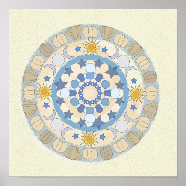 Sun Moon Stars Yellow e Blue Mandala Impressão (Frente)