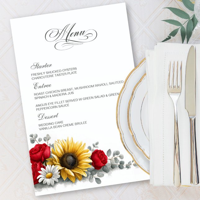 Sunflower and Red Rose Floral Wedding Menu (Criador carregado)