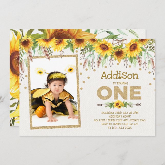 Sunflower Bumblebee Primeiro Convite para primeiro (Frente/Verso)