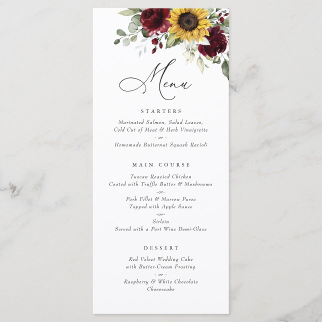 Sunflower Burgundy Floral Greenery Menu Casamento (Frente)