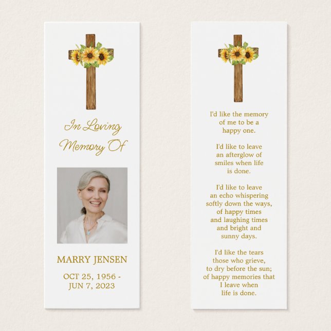 Sunflower Cross Photo Funeral Bookmark (Frente & Verso)