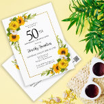 Sunflower Daisy 50th Convite de aniversário<br><div class="desc">Bonito convite para 50 anos para floral de girassol amarelo. Peônias amarelas e margaridas brancas se misturam com os girassóis. Um quadro retangular de ouro lhe dá uma vibração elegante. Muito fácil de personalizar. As costas têm um buquê de girassol. Isto é perfeito para uma celebração de aniversário de verão....</div>