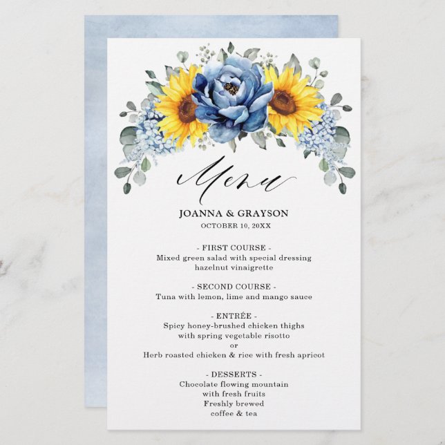 Sunflower Dusty Blue Slate Peony Menu (Frente/Verso)
