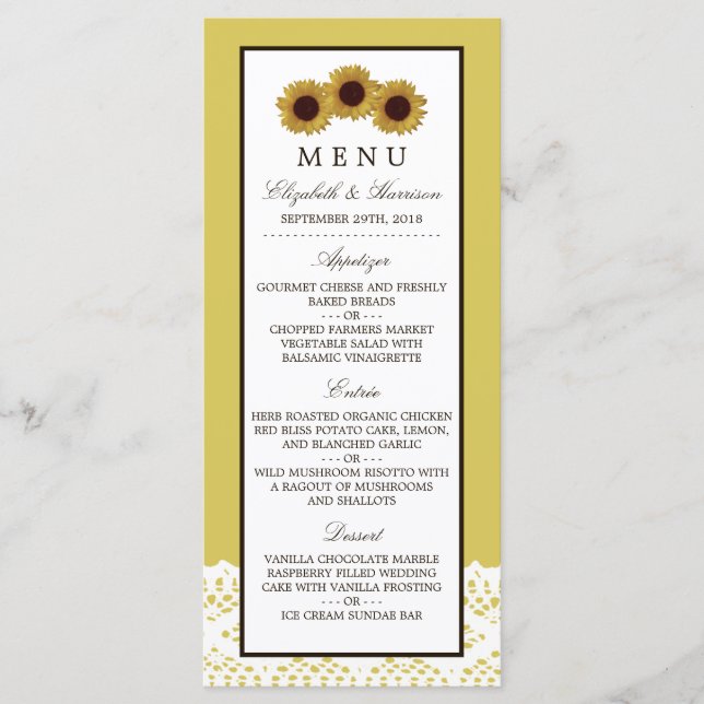 Sunflower e Vintage Lace Weding Menu (Frente)