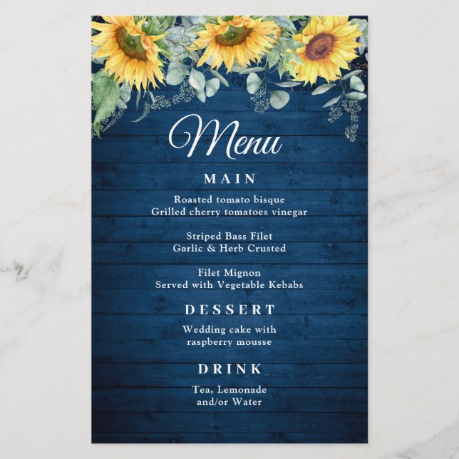 Sunflower Eucalyptus Rustic Blue Wood WedMenu (Frente)