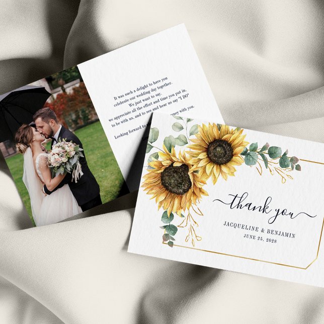Sunflower Eucalyptus Wedding Floral Cartões de agr (Sunflower Eucalyptus Wedding Photo Script Floral Thank You Card)