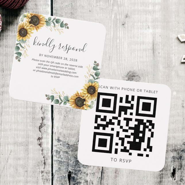 Sunflower Eucalyptus Wedding Website QR Code RSVP (Sunflower Eucalyptus Greenery Square RSVP with QR Code Card)