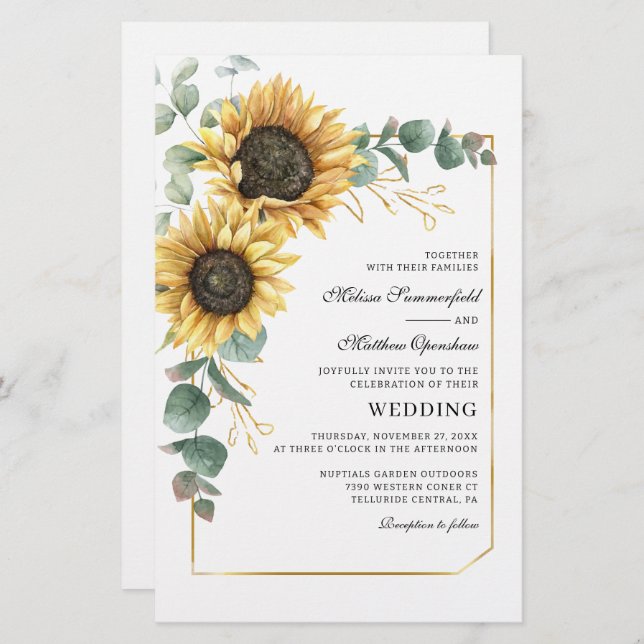 Sunflower Floral Eucalyptus Greenery Casamento (Frente/Verso)