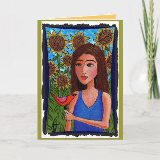 Sunflower Forest, Girl & Red Bird - cartão de saud