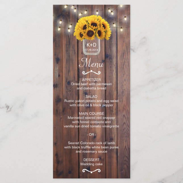 Sunflower Jar String Luzes Rustic Weding Menu (Frente)