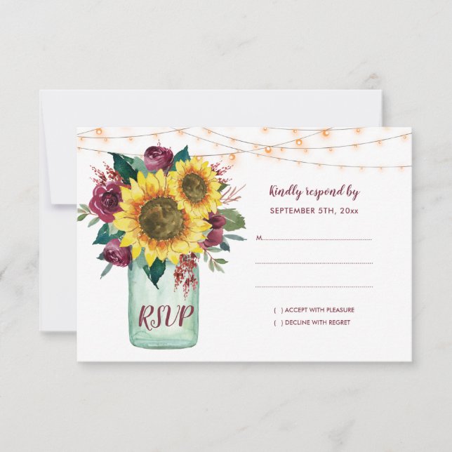 Sunflower Mason Jar Burgundy Casamento Floral RSVP (Frente)