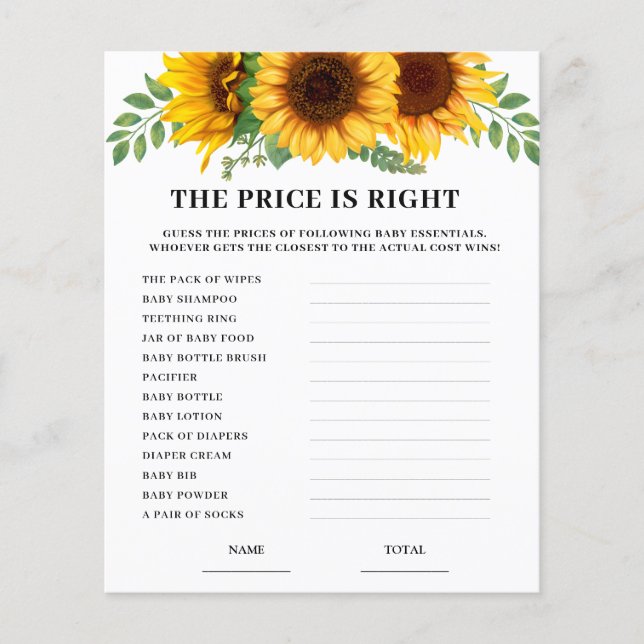 Sunflower Price is Right Baby Shower Game Card  (Frente)