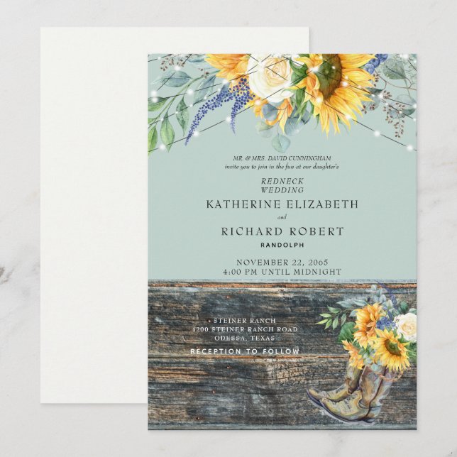 Sunflower Redneck Wood Boots Lights Convite (Frente/Verso)