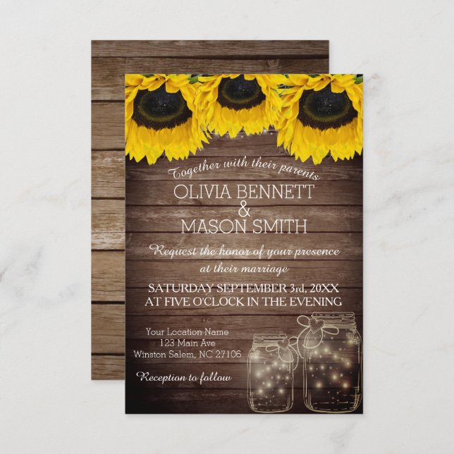Sunflower Rustic Mason Jar iluminou convite (Frente/Verso)