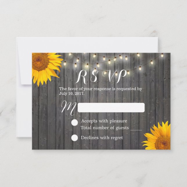 Sunflower & String Lights Barn Wood Casamento RSVP (Frente)