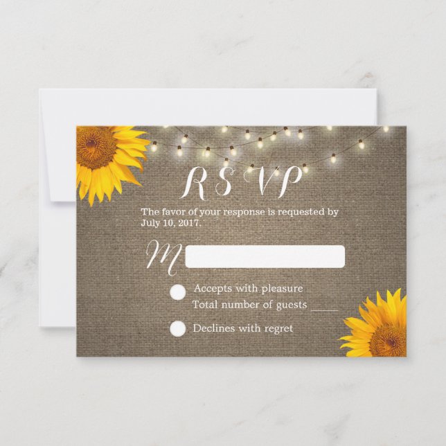 Sunflower & String Lights Burlap Weding RSVP (Frente)