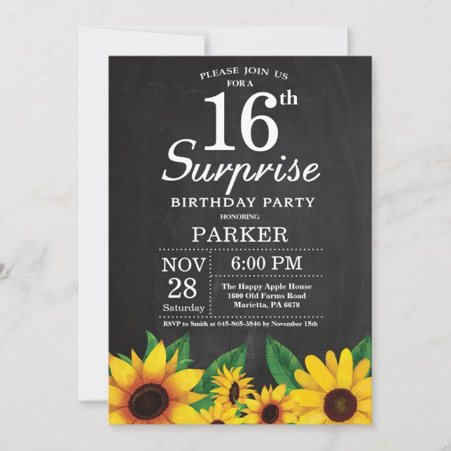 Sunflower Surprise 16º Convite de Aniversário (Frente)