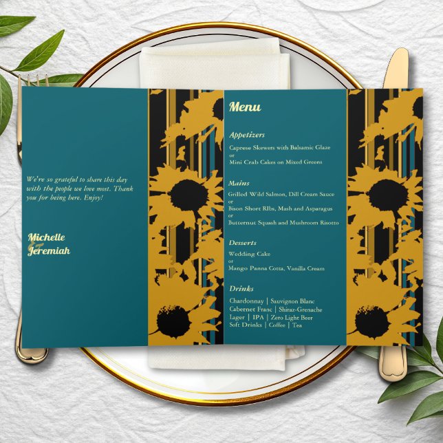 Sunflower Teal Blue Gold Modern Wedding Menu (Criador carregado)