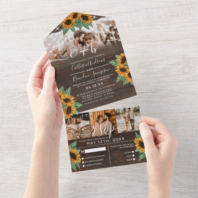 Sunflower Wood String Lights Foto Casamento RSVP (Aba destacável)