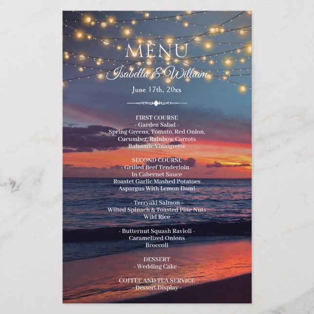 Sunset Beach String Lights Summer WedMenu (Frente)