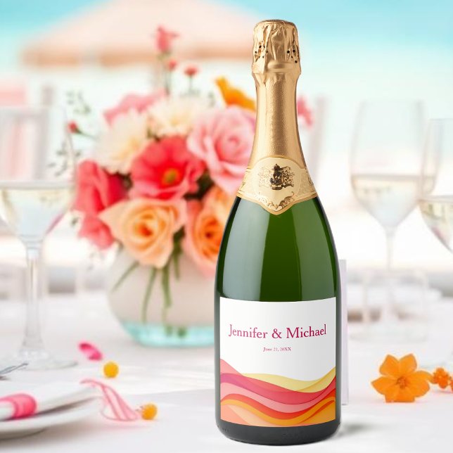 Sunset Color Waves Modern Wedding (Sunset Color Waves Modern Wedding Sparkling Wine Label )