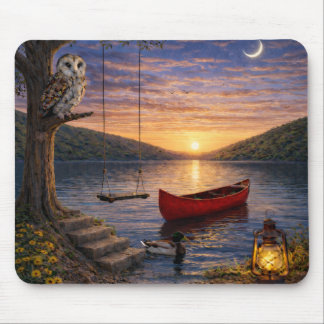 Sunset Lake Owl Canoe Mouse Pad