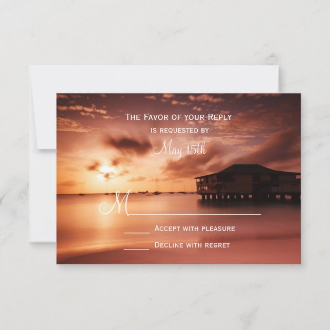Sunset on Beach Harbor Marina Weding RSVP Cards (Frente)