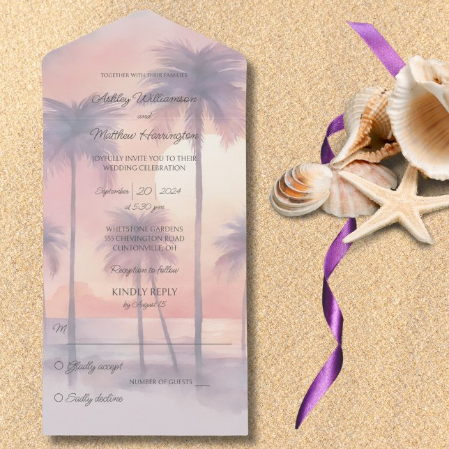Sunset & Palm Trees Tudo em Um Convite de casament (Also available with QR code. )