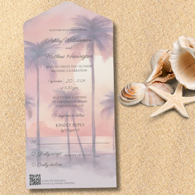 Sunset & Palm Trees Tudo em Um Convite de casament (Also available without QR code. )