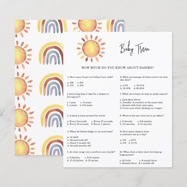 Sunshine Baby Trivia | Jogo Chá de fraldas (Frente/Verso)