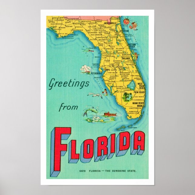 Sunshine State Florida 11x17 Map Poster (Frente)