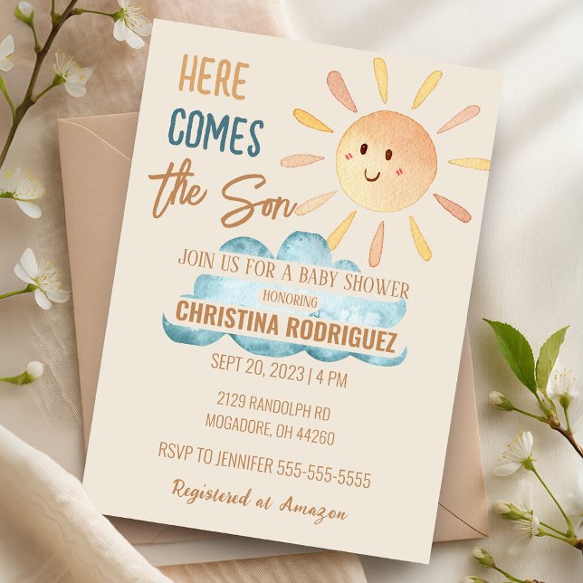 Sunshine Vem o Convite para o Chá de fraldas Filho (Sunshine Here Comes The Son Baby Shower Invitation)