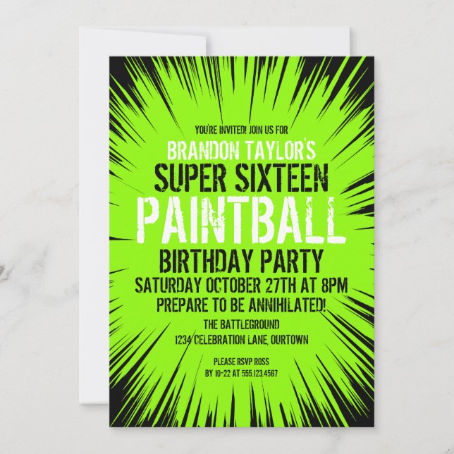 Super 16 Convites de festas Paintball (Frente)