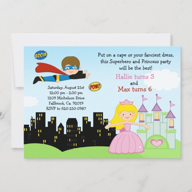 Super-herói e princesa convite de aniversário (Frente)
