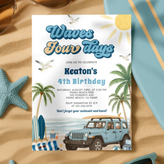 Surf 4º Convite de Aniversário - Ondas Quatro Dias (Surf 4th Birthday Invitation - Waves Four Days)