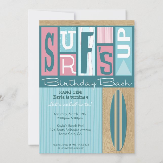 Surf acima do convite de aniversário retro - rosa (Frente)