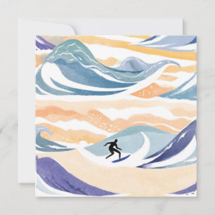 Surfando a Onda Cartão Contemporâneo de Aquarela