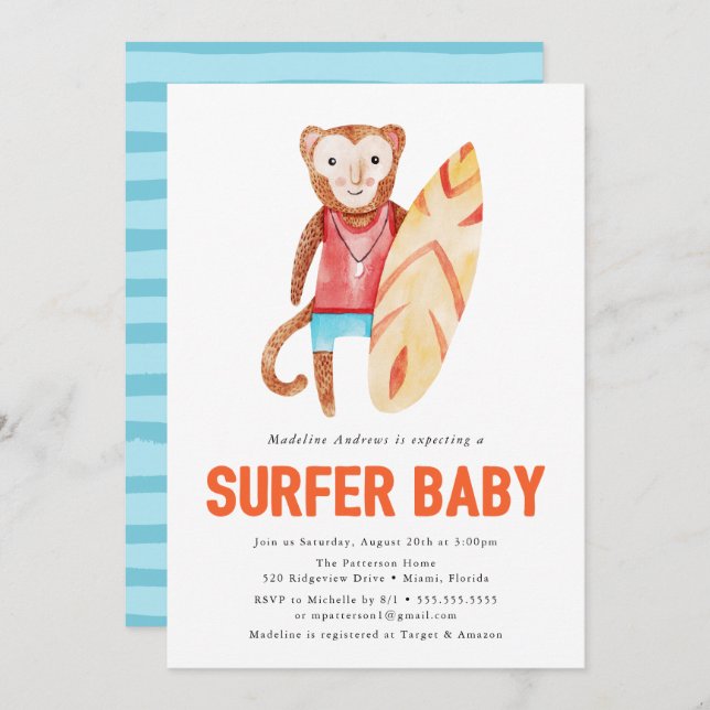 Surfer Baby | Convite para chás de fraldas (Frente/Verso)