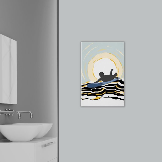 Surfer Moderno De Paddling Em Poster De Sundown (Paddling Surfer at Sunset, Blue and Black Wall Art - Bathroom)