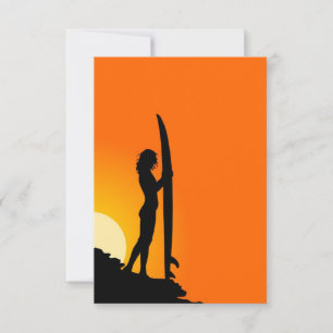 Surfista feminina no pôr do sol. Laranja/Preto