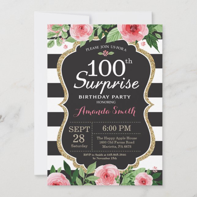 Surpresa 100º Convite de Aniversário Mulheres Flor (Frente)