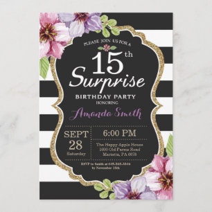 Surpresa 15 de Aniversário Convite Floral Dourado
