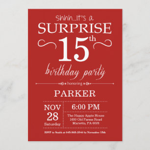 Surpresa 15 de Aniversário Vermelho de Convite