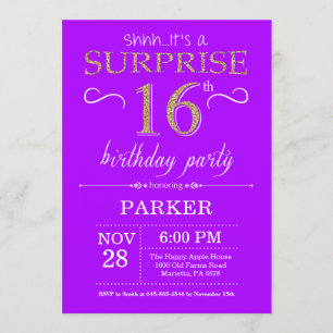 Surpresa 16º Convite de Aniversário Roxo e Doura
