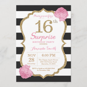 Surpresa 16.º Aniversário Convite cor-de-rosa Dour