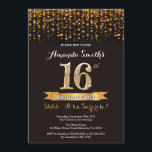 Surpresa 16.º Aniversário Convite Preto e Dourado<br><div class="desc">Surpresa 16º Convite de Aniversário. Brilho preto e Dourado. Convite para Festas de aniversário de adultos. Mulheres ou Homens Bday Bash.
Para mais personalização,  clique no botão "Personalizar" e use a ferramenta design para modificar este modelo.</div>